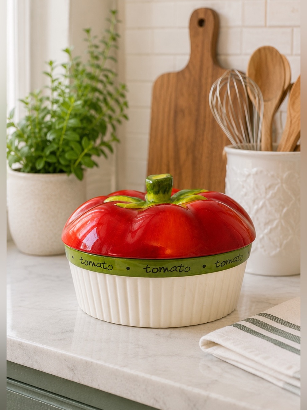 Vintage Certified International Round Ceramic Covered Casserole with Tomato Lid